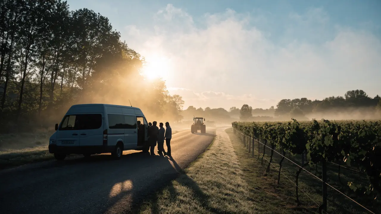Bus de cuadrilla y equipo agricola compartiendo una avenida rural del este del Valle de Coachella al amanecer