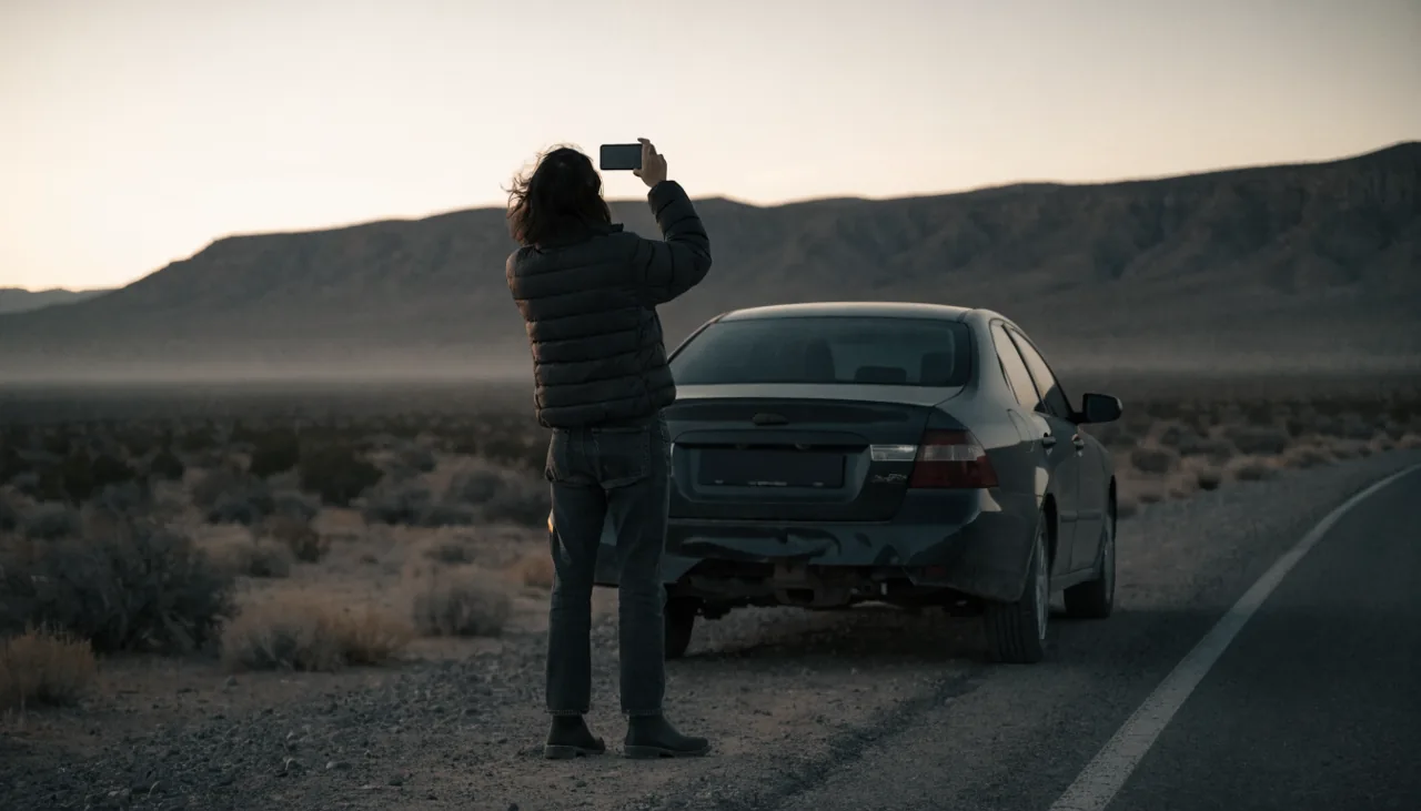 Conductor tomando fotos de los daños en el acotamiento de la carretera 86 cerca de Coachella al amanecer
