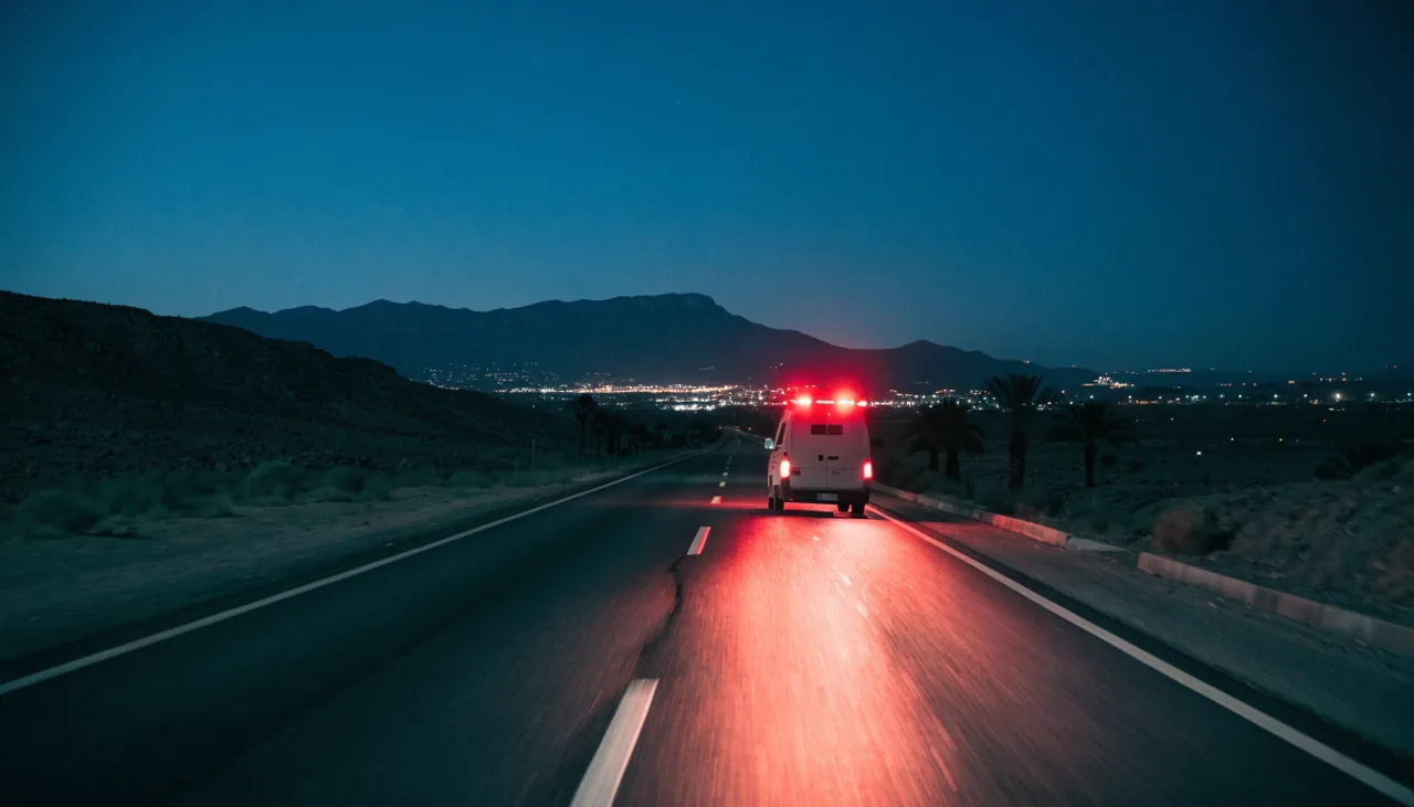 Ambulancia trasladando de noche a un lesionado del este del valle hacia el centro de trauma de Palm Springs