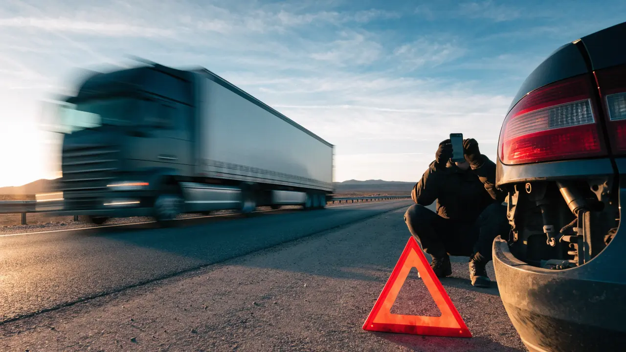 Conductor tomando fotos de los daños en el acotamiento de la carretera 86 cerca de Coachella al amanecer