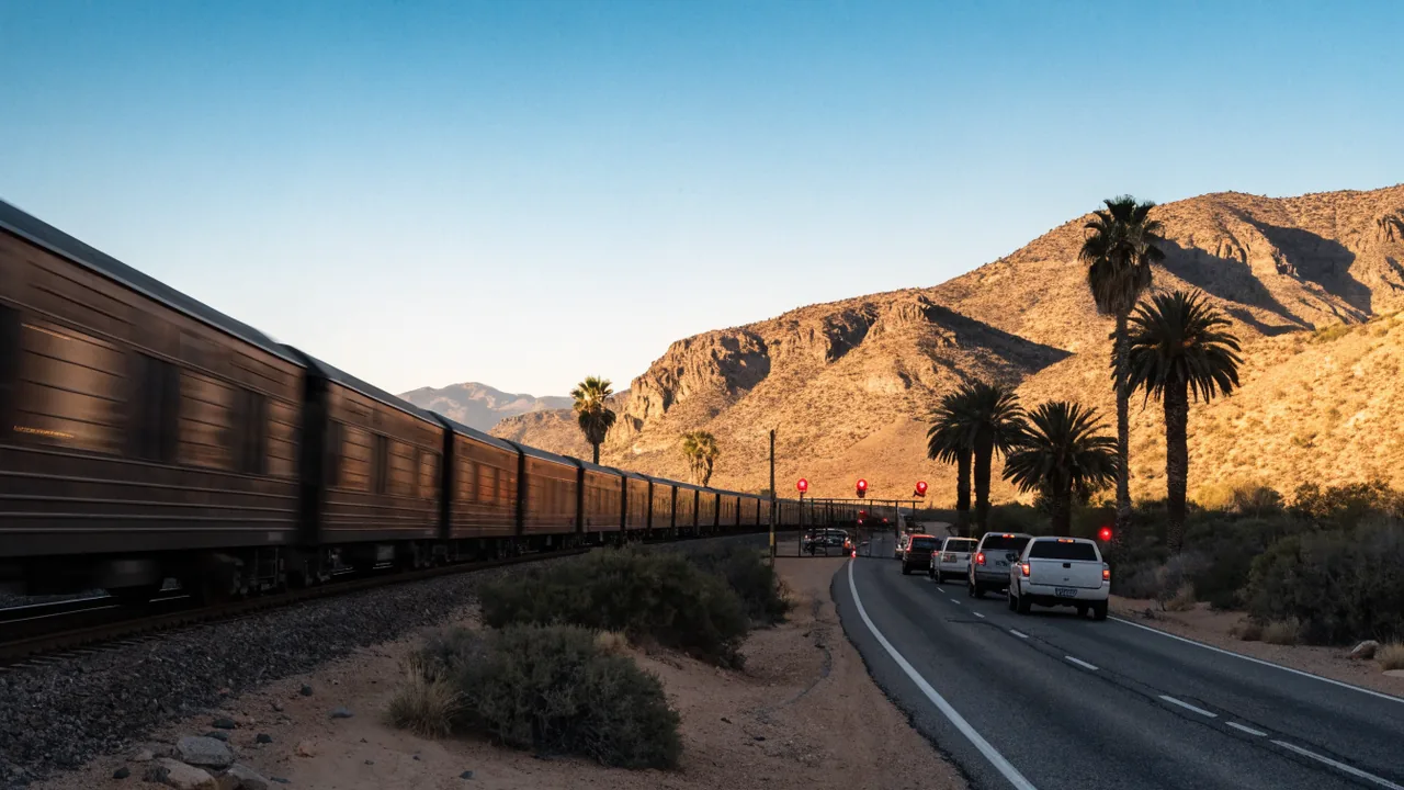 Cruce ferroviario al nivel junto a la carretera Grapefruit en Coachella con barreras y trafico esperando
