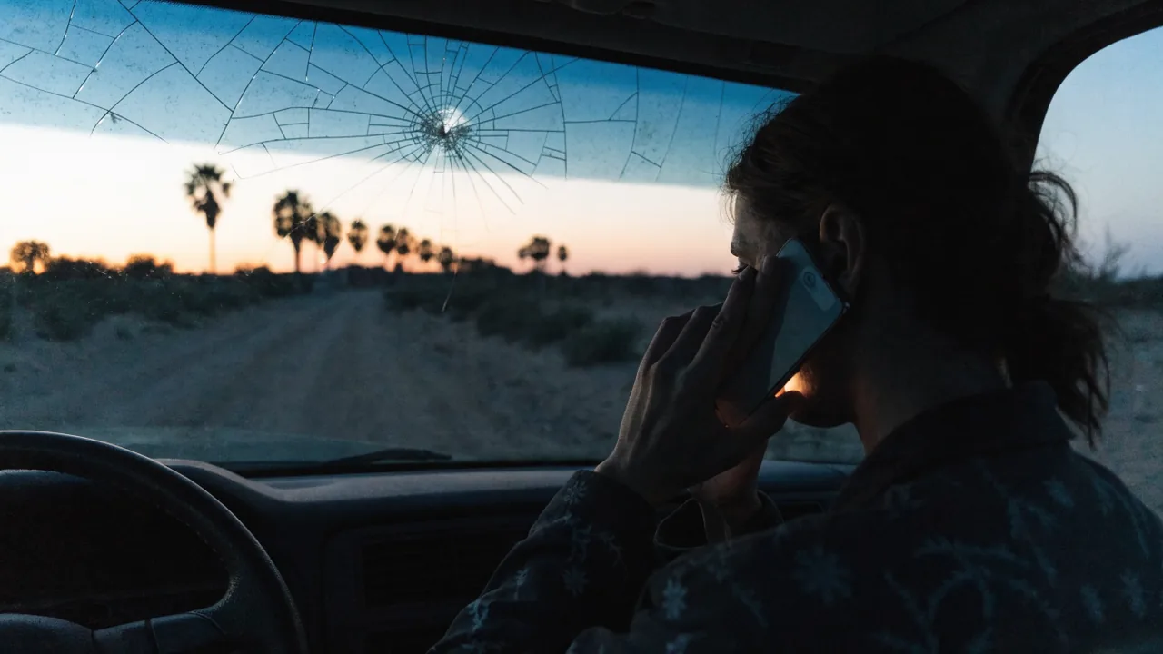 Persona en su carro estacionado al atardecer llamando a un abogado dias despues de un choque en Coachella