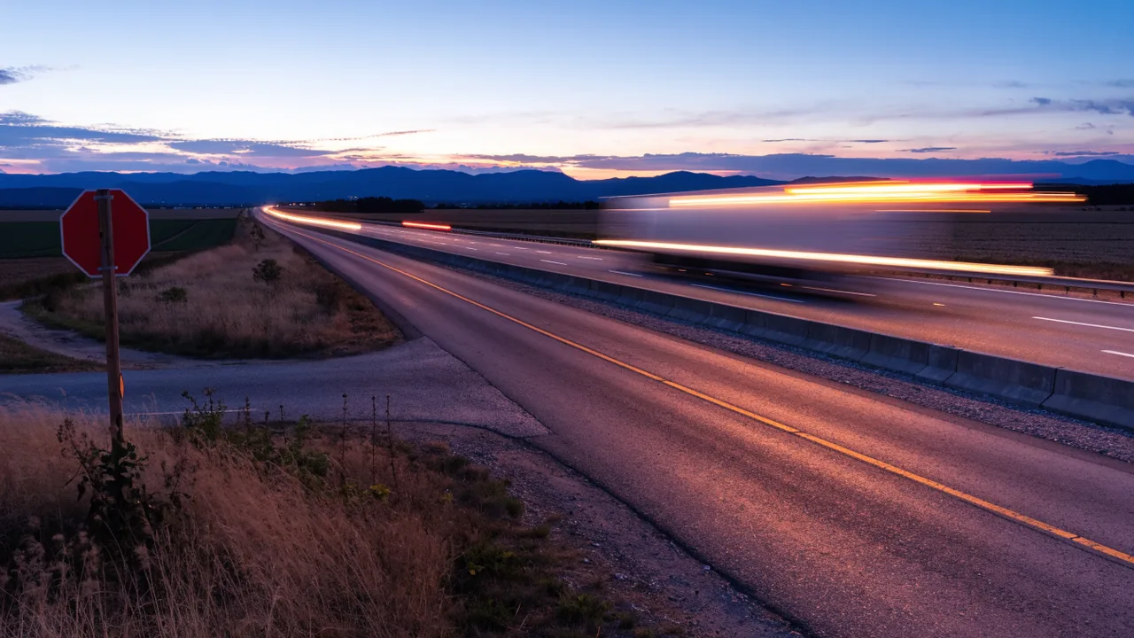 Trailer de carga cruzando el este del Valle de Coachella por la carretera 86 al atardecer