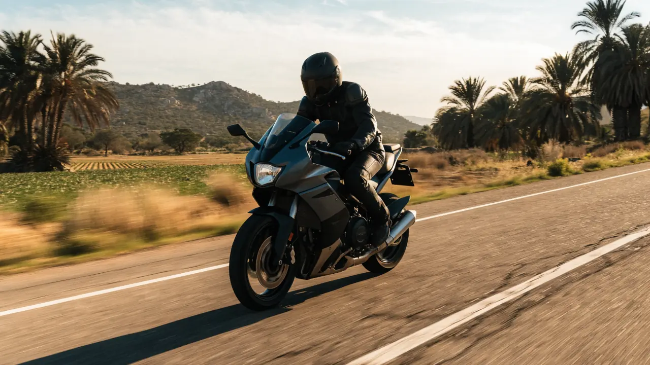 Motociclista con equipo completo rodando una carretera del este del Valle de Coachella