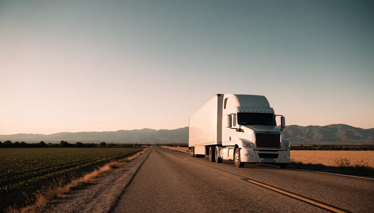 Trailer de carga cruzando el este del Valle de Coachella por la carretera 86 al atardecer