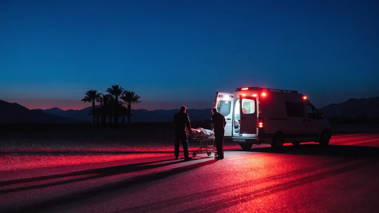 Ambulancia trasladando de noche a un lesionado del este del valle hacia el centro de trauma de Palm Springs