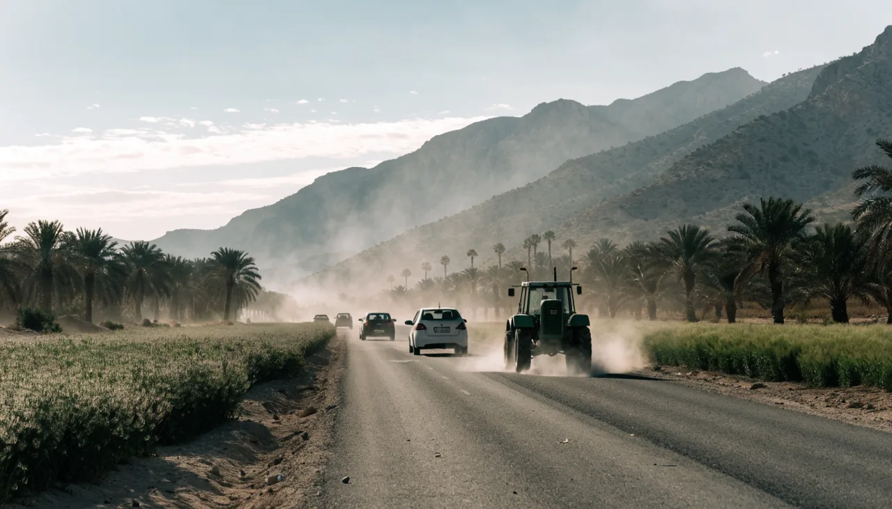 Trafico en una avenida rural del este del Valle de Coachella donde se cruzan carros y equipo agricola