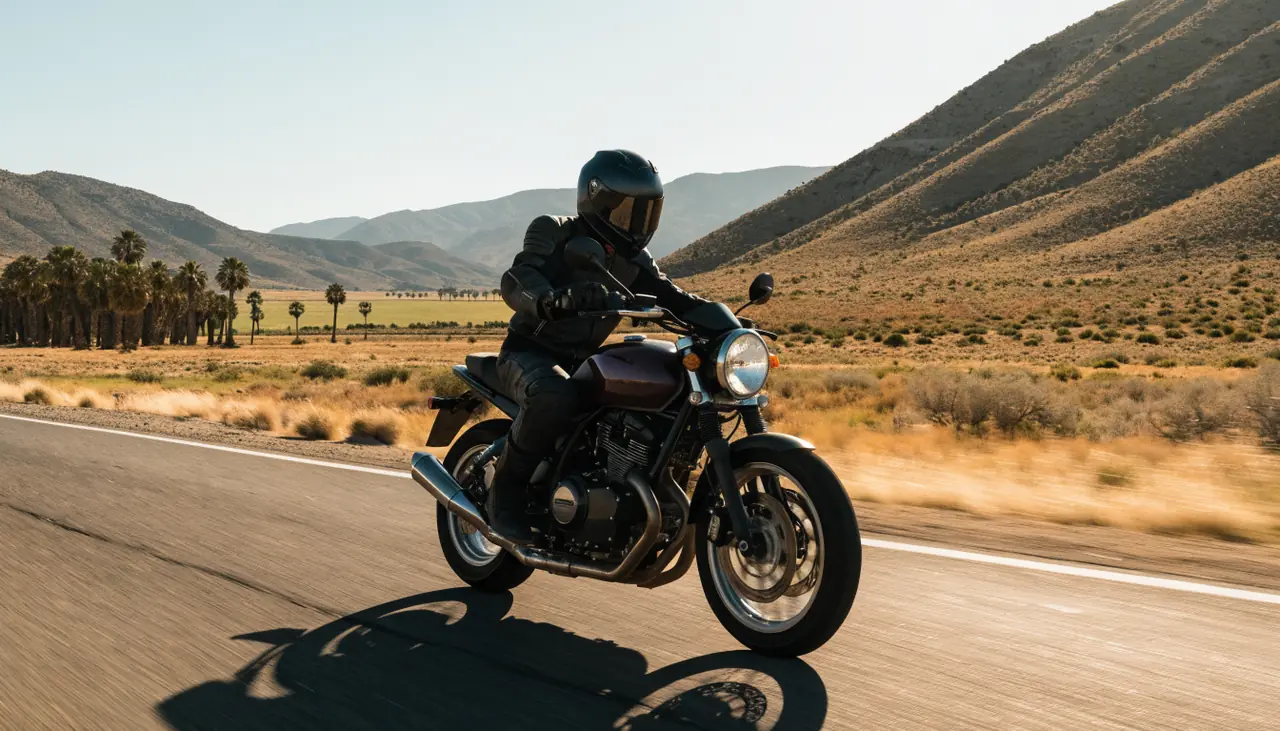 Motociclista en una carretera del este del Valle de Coachella