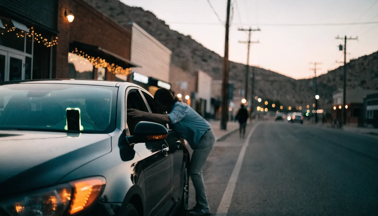 Vehiculo de rideshare recogiendo un pasajero en la 111 en Coachella